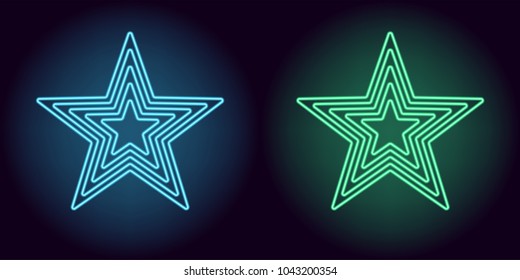 Neon blue and green star. Vector illustration of neon star consisting of five outlines, with backlight on the dark background