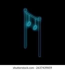 Neon blue gymnastic rings hanging on a crossbar on a black background