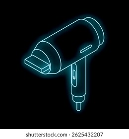 Neon blue hair dryer icon glowing in the dark, a symbol of hair care and beauty routines