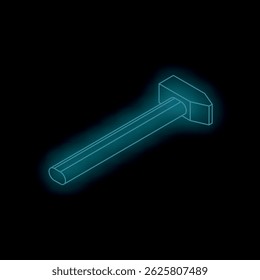 Neon blue hammer glowing on a black background, perfect for technology and construction concepts