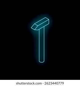 Neon blue hammer shining on a dark background, symbolizing construction, craftsmanship, and diy projects