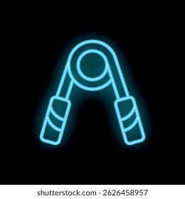 Neon blue hand grip exerciser glowing on a black background, perfect for fitness and workout concepts
