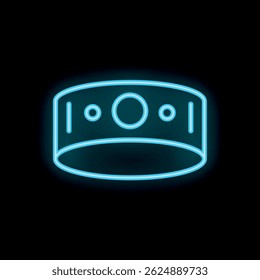 Neon blue headdress glowing on black background representing power and authority