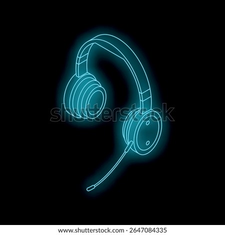 Neon blue headset glowing on black background, representing online communication, gaming, or customer service