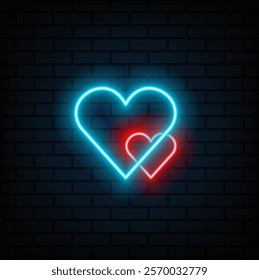 Neon blue and blue heart. glow-in-the-dark heart-shaped set sign, neon pink and blue double lines, romantic pattern for your love design.