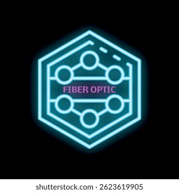 Ícone de hexágono azul neon com uma rede de fibra óptica brilhando sobre um fundo preto