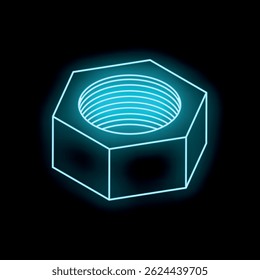 Porca hexagonal azul neon brilhando sobre um fundo preto, perfeito para projetos industriais e tecnológicos
