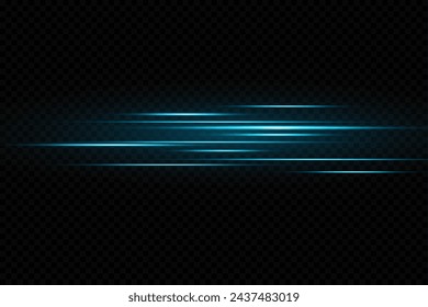 Neon blue horizontal speed lines. Glowing stripes. Laser beams. light lines of movement and speed in neon color.Beautiful flash of light and sparks.	