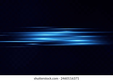 Neon blue horizontal speed lines. Glowing stripes. Laser beams. light lines of movement and speed in neon color.Beautiful flash of light and sparks.	