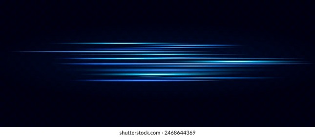 Neon blue horizontal speed lines. Glowing stripes. Laser beams. light lines of movement and speed in neon color.Beautiful flash of light and sparks.	