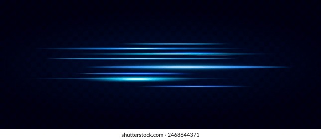 Neon blue horizontal speed lines. Glowing stripes. Laser beams. light lines of movement and speed in neon color.Beautiful flash of light and sparks.	