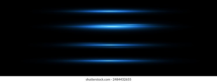 Neon blue horizontal speed lines. Glowing stripes. Laser beams. light lines of movement and speed in neon color.Beautiful flash of light and sparks.