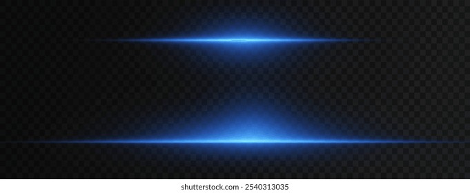 Linhas de velocidade horizontal azul néon. Linhas laser de luz. Luz neon horizontal. Listras brilhantes. Feixes de laser. linhas de luz de movimento e velocidade em cor neon. Um belo flash de luz e faíscas.