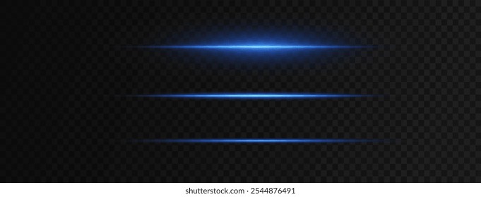 Neonblaue horizontale Geschwindigkeitslinien. Laserlichtlinien. Horizontales Neonlicht. Glühende Streifen. Laserstrahlen. leichte Bewegungslinien und Geschwindigkeit in Neonfarbe. Ein schöner Lichtblitz und Funken.