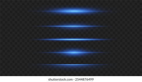 Linhas de velocidade horizontal azul néon. Linhas laser de luz. Luz neon horizontal. Listras brilhantes. Feixes de laser. linhas de luz de movimento e velocidade em cor neon. Um belo flash de luz e faíscas.