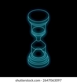 Neon blue hourglass counting down time on black background, symbolizing deadline, countdown, and time management