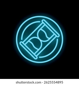 Neon blue hourglass with sand flowing from top to bottom inside a blue circle, symbolizing time passing