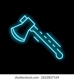 Ícone azul neon de um machado brilhando sobre fundo preto, ótimo para conceitos como lenhador, ferramenta, carpintaria, etc