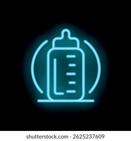 Neon blue icon of a baby bottle glowing on a black background