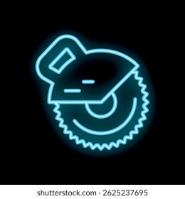 Neon blue icon of a circular saw glowing against a black background