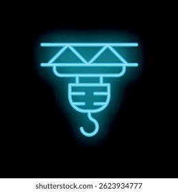 Neon blue icon of a crane hook lifting, glowing on a black background