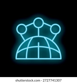 Neonblaues Symbol, das ein Netzwerk von Satelliten darstellt, die die Erde umkreisen und die globale Konnektivität und Kommunikation symbolisieren