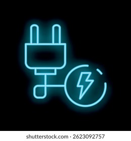Neon blue icon of an electric plug being connected to a power source, representing concepts like energy and electricity