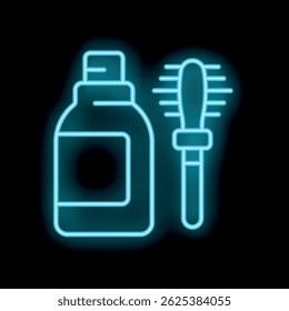 Icône bleu néon d'un kit de coloration des cheveux avec une bouteille et une brosse scintillant sur fond noir