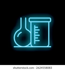 Neon blue icon of laboratory glassware glowing on a dark background