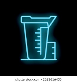 Icono azul neón de un vaso de medir que brilla intensamente sobre un fondo negro