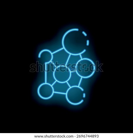 Neon blue icon of a network with nodes connected by lines is glowing on a black background