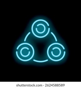 Neon blue icon on a black background representing teamwork, collaboration, and synergy with three circles interlinked