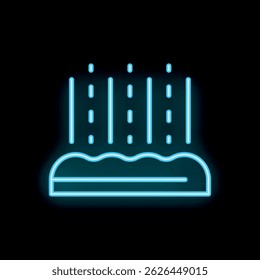 Neon blue icon of rain water seeping into the ground on a black background
