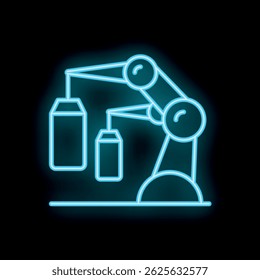 Neon blue icon of a robotic arm lifting boxes in a warehouse setting