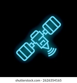 Neon blue icon of a satellite orbiting earth and transmitting signals