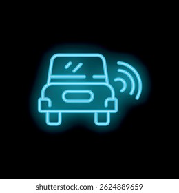 Icône bleu néon d'une voiture intelligente émettant un signal, représentant l'innovation dans l'industrie automobile