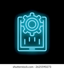 Neon blue icon of a smartphone with a cogwheel above it, glowing on a black background