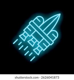Neon blue icon of a spaceship taking off leaving a trail on a black background