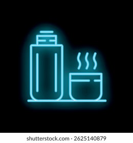 Neon blue icon of a thermos and a cup releasing steam on a shelf