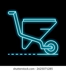 Neon blue icon of a wheelbarrow is standing on the ground, possibly indicating construction or gardening work