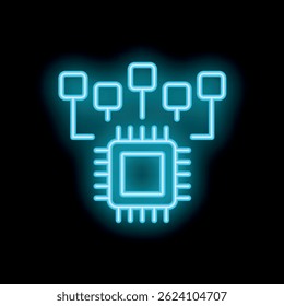 Neon blue illustration of a cpu microchip with multiple devices connected to it, representing processing power and data management