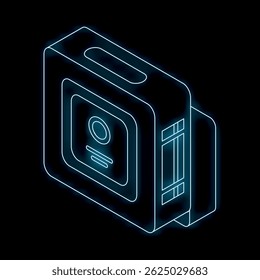 Neon blue isometric action camera glowing on black background