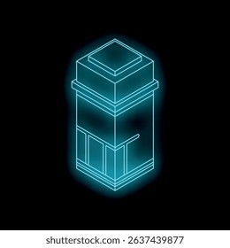 Neon blue isometric building glowing on a dark background