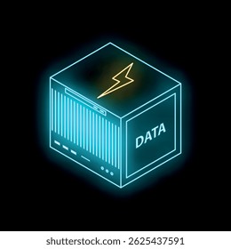 Neon blue isometric data server with lightning bolt symbol is transferring data at high speed