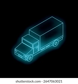 Caminhão de entrega isométrica azul neon iluminando contra um fundo escuro, simbolizando transporte moderno e logística