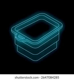 Neon blue isometric drawing of a plastic food container with a handle, glowing on a dark background