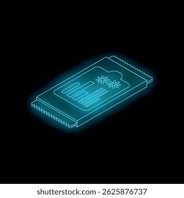Neon blue isometric icon of a packet of seeds, glowing on a black background