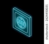 Neon blue isometric illustration of a european power socket glowing on a black background