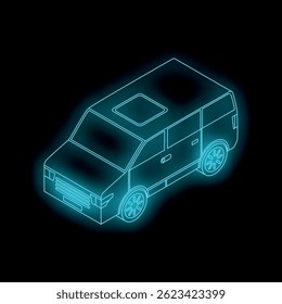 Neon blue isometric illustration of a minivan glowing on black background