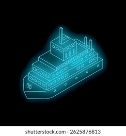 Neon blue isometric industrial ship sailing in a dark digital sea, representing futuristic maritime industry and innovation